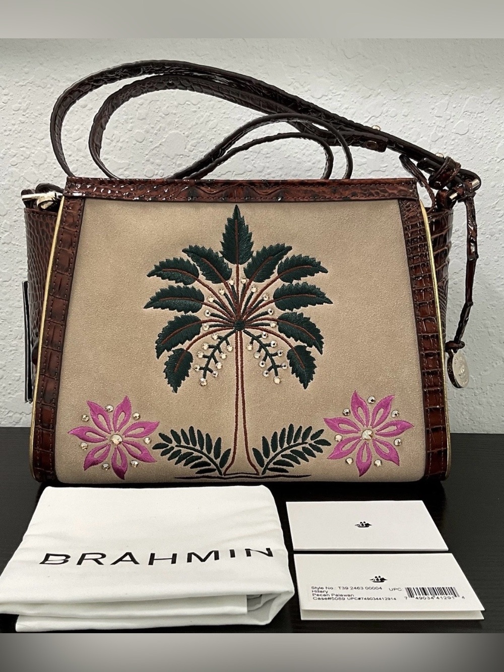 Brahmin Hillary PECAN PALAWAN Crossbody Shoulder Bag W/Embroidered Palm Flowers